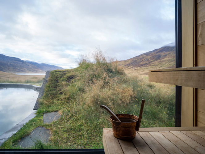 sauna with a view of iceland's summer landscapes